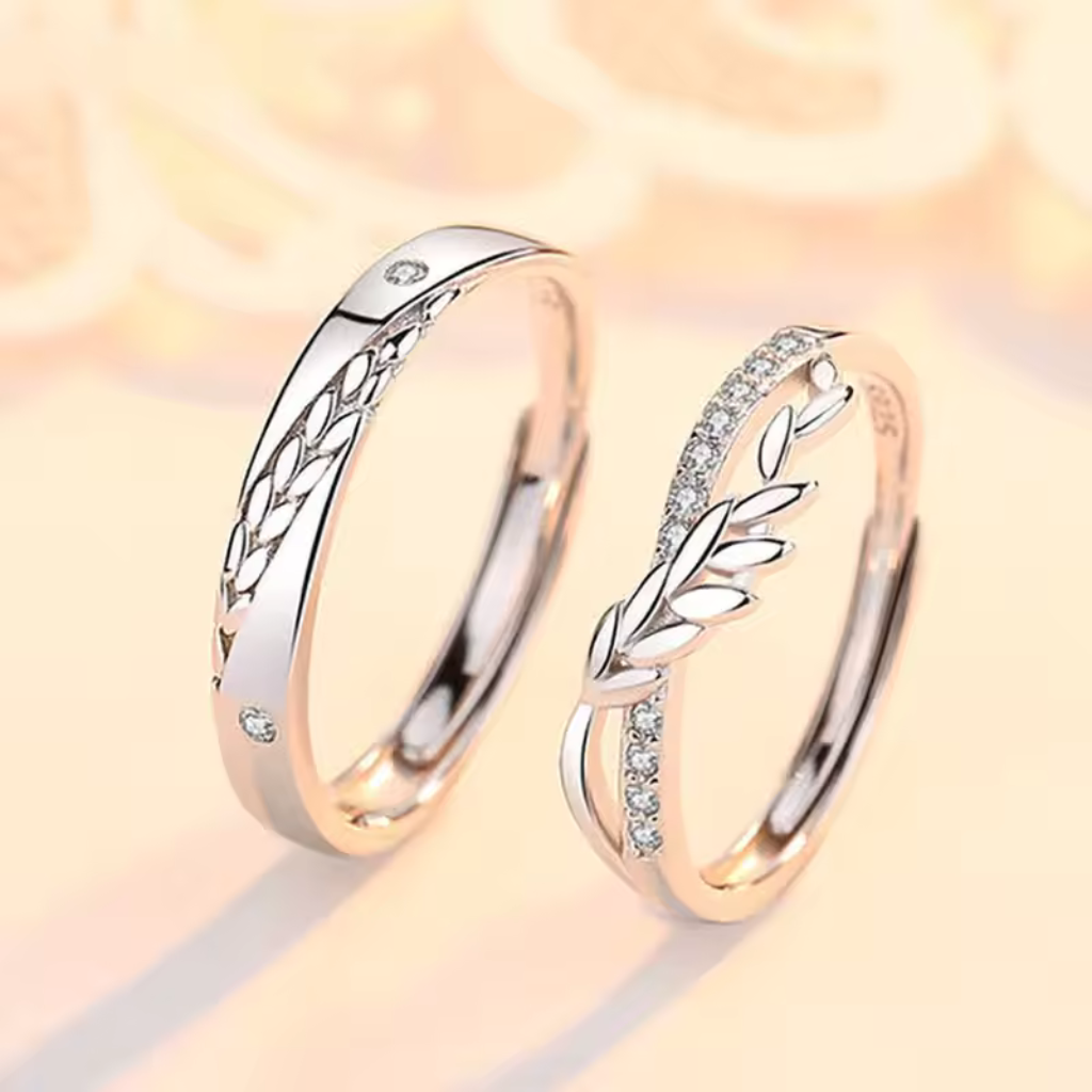 Elegant couple rings with silver bands and central diamond symbolizing eternal love
